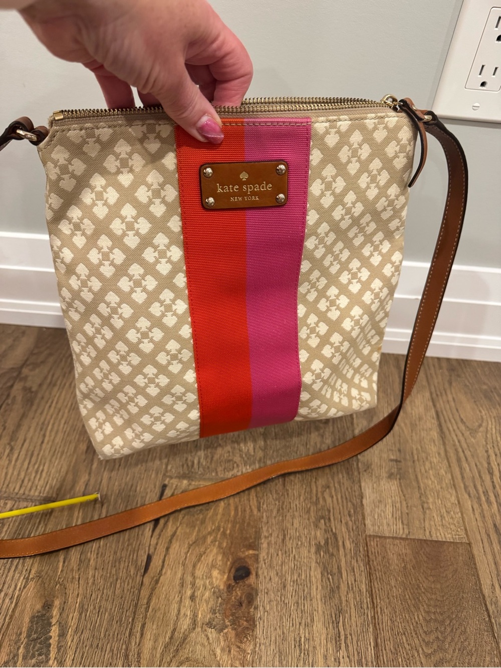 kate spade Beige Crossbody with Pink & Orange Center Stripe